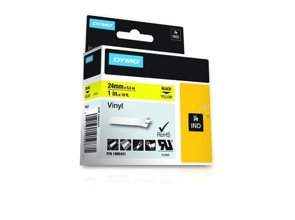DYMO Rhino Coloured Vinyl - Vinyl - sort på gul - Rulle (2,54 cm x 5,5 m) 1 kassette(r) tape - for Rhino 6000, 6000 Hard Case Kit