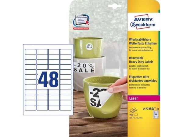 Avery L4778REV-20, Hvit, Avrundet rektangel, Permanent, Polyester, Matte, 48 stykker