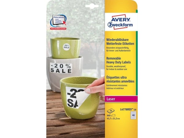 Avery L4778REV-20, Hvit, Avrundet rektangel, Permanent, Polyester, Matte, 48 stykker