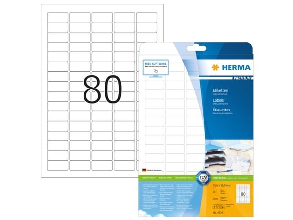 HERMA Premium - Papir - matt - permanent selv-adhesiv - hvit - 35.6 x 16.9 mm 2000 etikett(er) (25 ark x 80) laminerte etiketter