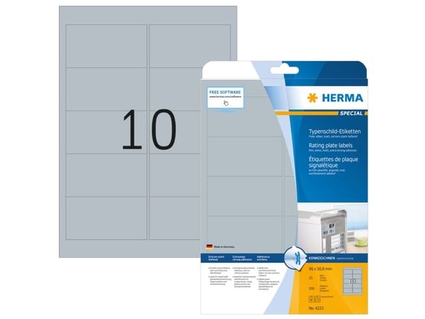 HERMA Special - Polyesteri - matta - pysyvä itseliimautuva - hopea - 96 x 50,8 mm 250 tarraa (25 arkkia x 10) kalvotarrat