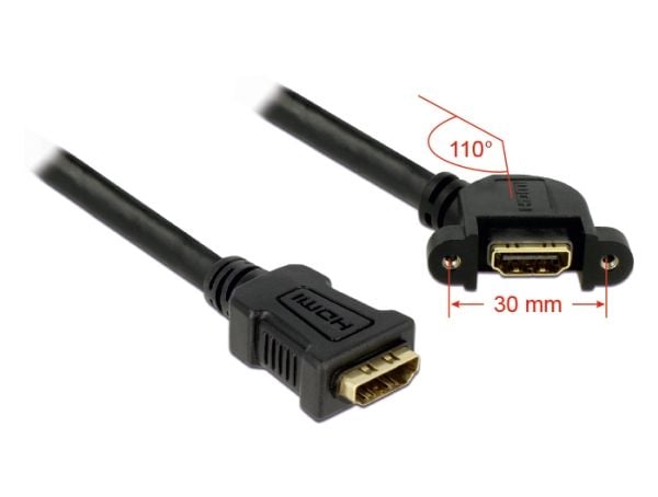 Delock Panel-mount - HDMI-kaapeli - HDMI hun til HDMI hun - 25 cm - sort - 110° stikforbindelse
