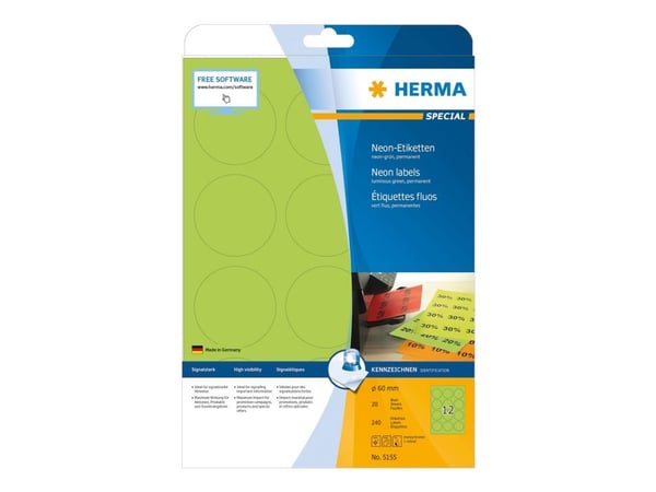 HERMA Special - Papper - matt - permanent självhäftande - självlysande grön - 60 mm rund 240 etikett (er) (20 ark x 12 fluorescerande etiketter
