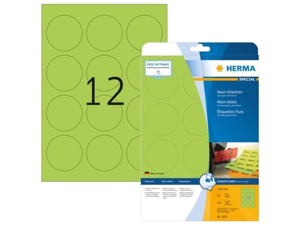HERMA Special - Papir - matt - permanent selv-adhesiv - lysende grønn - 60 mm rund 240 etikett(er) (20 ark x 12 fluorescerende etiketter
