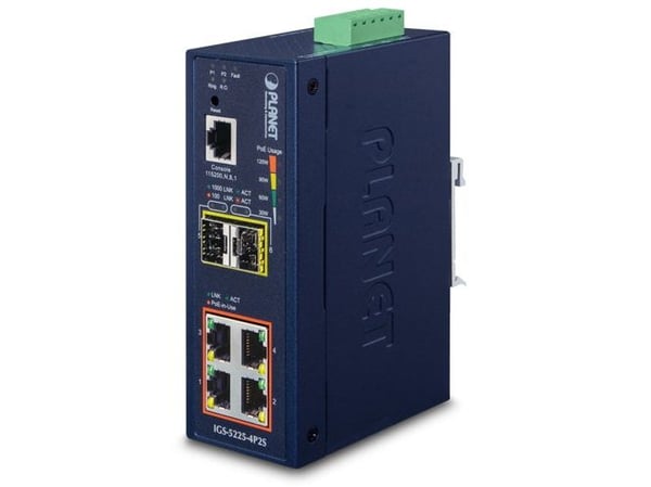 PLANET IGS-5225-4P2S - Switch - L2+ - Styrt - 4 x 10/100/1000 (PoE+) + 2 x 1000Base-X SFP - DIN-skinnemonterbar - PoE+ (144 W) - DC-strøm