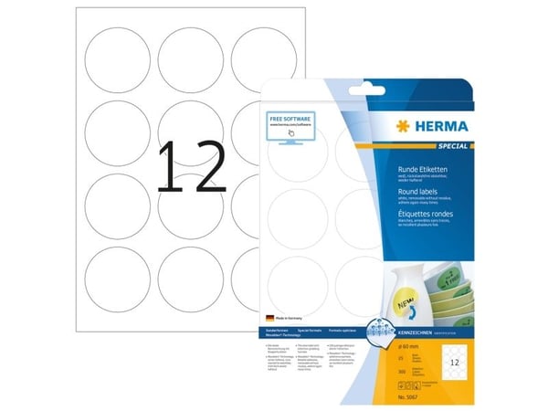 HERMA Special - Papir - matt - fjernbart selv-adhesiv - hvit - 60 mm rund 300 etikett(er) (25 ark x 12) merkelapper