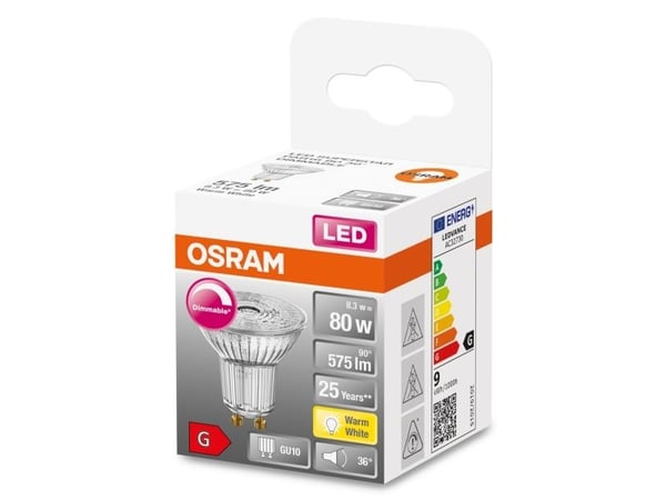 OSRAM LED SUPERSTAR - LED-pære for søkelys - form: PAR16 - GU10 - 8.3 W (ekvivalent 80 W) - klasse G - varmt hvitt lys - 2700 K