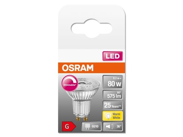OSRAM LED SUPERSTAR - LED-pære for søkelys - form: PAR16 - GU10 - 8.3 W (ekvivalent 80 W) - klasse G - varmt hvitt lys - 2700 K