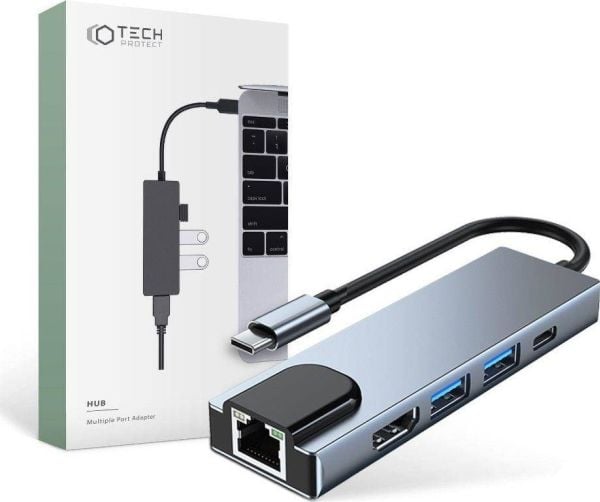 Tech-Protect V3 hubb 5-i-1 USB-C - USB-A 3.0 / USB-A 2.0 / USB-C / HDMI / RJ45 - grå