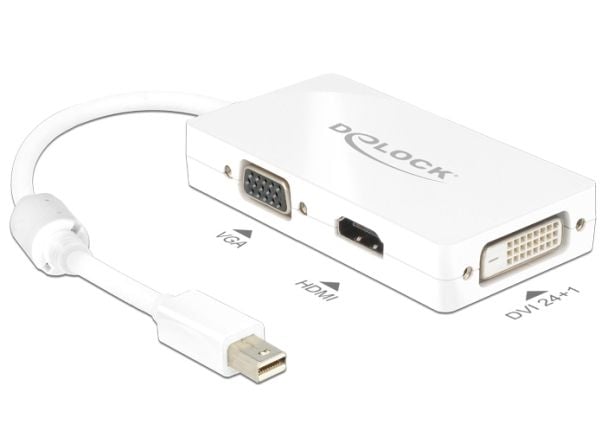 Delock - DisplayPort-adapter - Mini DisplayPort (hann) til HD-15 (VGA), HDMI, DisplayPort (hunn) - 16 cm - hvit