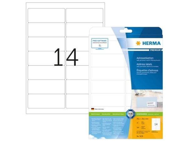 HERMA Premium - Papir - matt - permanent selv-adhesiv - hvit - 99.1 x 38.1 mm 350 etikett(er) (25 ark x 14) laminerte adresseetiketter