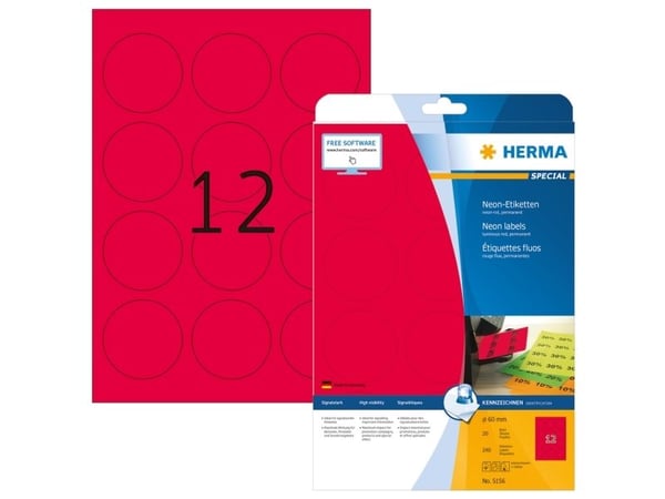 HERMA Special - Papir - matt - permanent selv-adhesiv - lysende rød - 60 mm rund 240 etikett(er) (20 ark x 12) fluorescerende etiketter