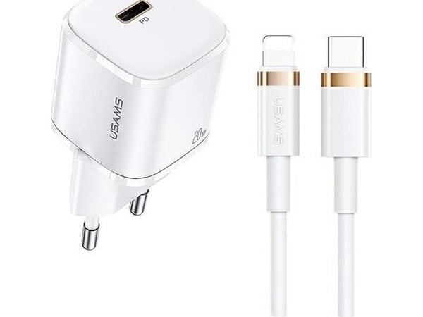 USAMS T36 mini 20W kablet lader 1xUSB-C + USB-C til Lightning kabel PD3.0 Fast Charging XFKXLOG hvit