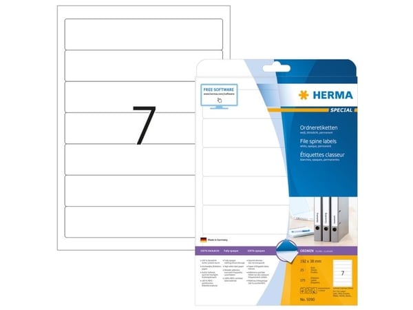 HERMA Special - Papir - matt - permanent selv-adhesiv - hvit - 192 x 38 mm 175 etikett(er) (25 ark x 7) opake arkivmappeetiketter