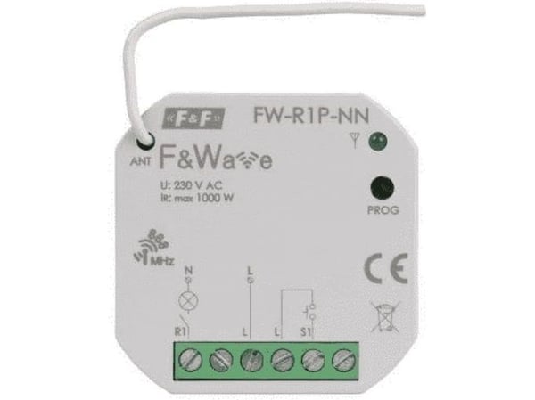 F&F radiostyrd enkelfunktionsreläinsändare för installation utan neutral ledare F&ampWave FW-R1P-NN