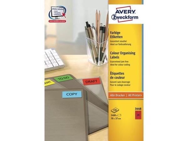 Avery 3448, Punainen, Itse kiinnittyvä tulostintarra, A4, Paperi, Laser/Inkjet, Kiinteä
