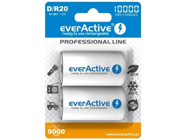 Everactive EVHRL20-10000, Oppladbart batteri, D, Nikkelmetallhydrid (NiMH), 1,2 V, 2 stykker, 10000 mAh