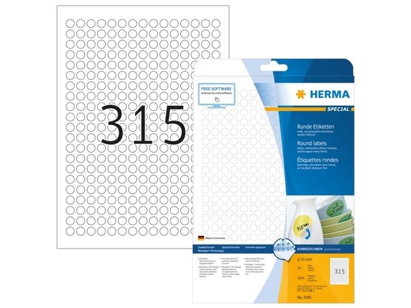 HERMA Special - Papir - matt - fjernbart selv-adhesiv - hvit - 10 mm rund 7875 etikett(er) (25 ark x 315) merkelapper