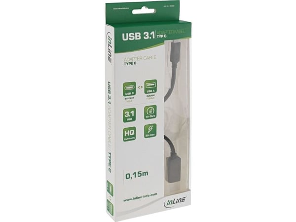 InLine 35800, 0,15 m, USB A, USB C, USB 3.2 Gen 2 (3.1 Gen 2), Hankjønn/hunkjønn, Svart