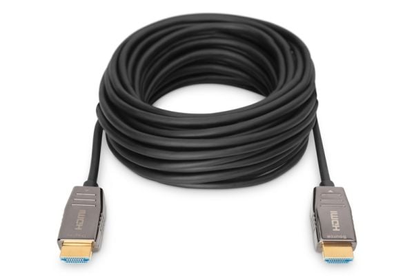 DIGITUS - HDMI-kabel med Ethernet - HDMI plugg til HDMI plugg - 10 m - skjermet hybrid kobber/fiber-optikk - svart - Active Optical Cable (AOC), st...