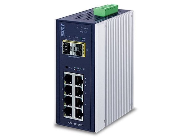PLANET IGS-10020MT - Switch - Styrt - 8 x 10/100/1000 + 2 x Gigabit SFP - DIN-skinnemonterbar, veggmonterbar - AC 24 V / DC 12 - 48 V