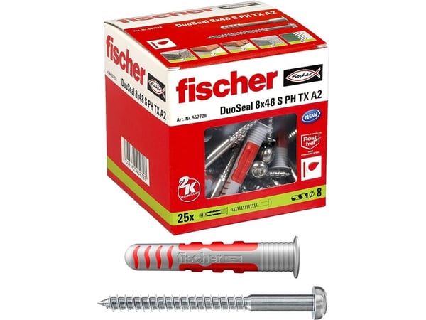 Fischer DuoSeal 8 x 48 S PH TX A2, Ekspansjonsanker, Murstein, Betong, Gipsblokk, Gipsfiberplate, Gipsplater, Nylon, Rød, Sølv, TX30, ETAG 022, DIN...
