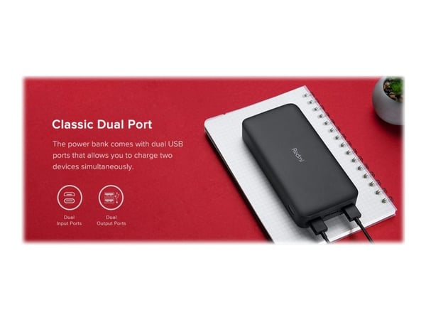 Xiaomi Redmi - Strømbank - 20000 mAh - 74 Wh - 18 watt - 3.6 A - Fast Charge - 2 utgangskontakter (USB) - svart