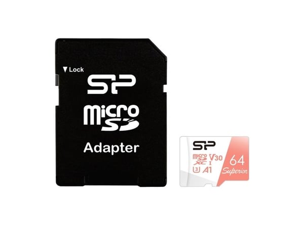 SILICON POWER Superior - Flashminnekort (microSDXC til SD-adapter inkludert) - 64 GB - A1 / Video Class V30 / UHS-I U3 / Class10 - microSDXC UHS-I