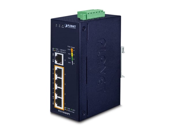 PLANET IGS-504HPT - Switch - 4 x 10/100/1000 (PoE+) + 1 x 10/100/1000 - DIN-skinnemonterbar - PoE+ (120 W) - DC-strøm