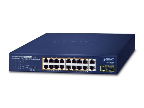 PLANET GSD-2022P - Switch - ikke-styrt - 16 x 10/100/1000 (PoE+) + 2 x 10/100/1000 + 2 x 1000Base-X SFP - stasjonær - PoE+ (185 W)