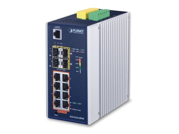 PLANET IGS-5225-8P4S - Switch - L2+ - Styrt - 8 x 10/100/1000 (PoE+) + 4 x Gigabit SFP - DIN-skinnemonterbar, veggmonterbar - PoE+ (240 W) - DC-strøm