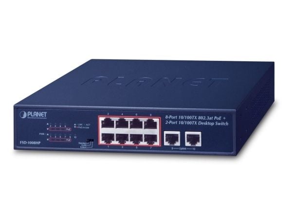 PLANET FSD-1008HP, Hallitsematon, Fast Ethernet (10/100), Täysin kaksipuolinen, Power over Ethernet -tuki, Telineasennus, 1U