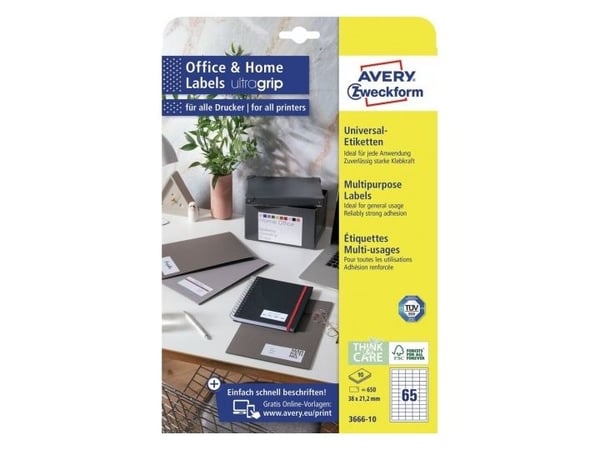 Avery 3666-10, Hvit, Rektangel, Permanent, A4, Papir, Laser/Blekkskriver