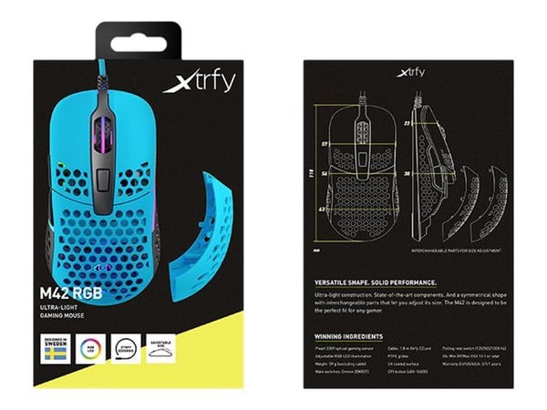 Xtrfy M42, Molempikätinen, Optinen, USB A-tyyppi, 16000 DPI, Sininen