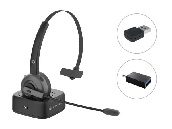 Conceptronic Polona POLONA03BDA - Hodesett - on-ear - Bluetooth - trådløs - USB-A via Bluetooth-adapter - svart