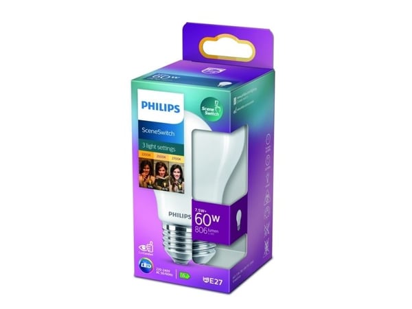 Philips LED Classic - LED-glödlampa - form: A60 - glaserad finish - E27 - 7.5 W (motsvarande 60 W) - klass F - varmvitt/flammljus - 2200/2500/2700 K