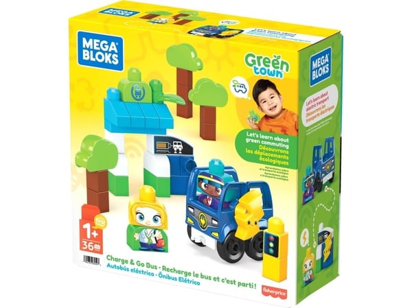 MEGA BLOKS Green Town Charge & Go Bus, Byggesett, 1 år, Plast, 35 stykker, 950 g