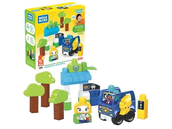 MEGA BLOKS Green Town Charge & Go Bus, Byggesett, 1 år, Plast, 35 stykker, 950 g