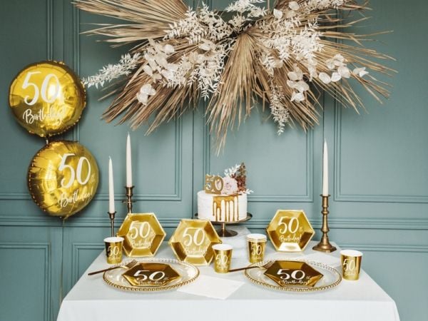 PartyDeco FB24M-50-019-KARTON, Gull, Hvit, Rund, Folie, Bursdag, Engelsk, 45 cm