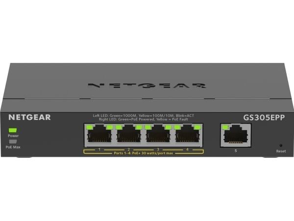 NETGEAR Plus GS305EPP - Switch - smart - 5 x 10/100/1000 (4 PoE+) - skrivbordsmodell, väggmonterbar - PoE+ (120 W)