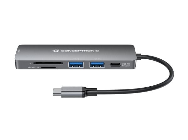 Conceptronic DONN11G, Koblet med ledninger (ikke trådløs), USB 3.2 Gen 1 (3.1 Gen 1) Type-C, 100 W, Grå, MicroSD (TransFlash), SD, 5 Gbit/s