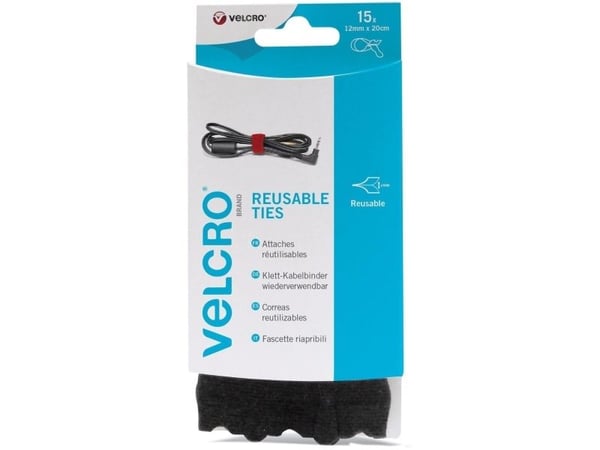 Velcro VEL-EC60466, Buntband med krok och ögla, Kardborreband, Svart, 200 mm, 12 mm, 15 styck