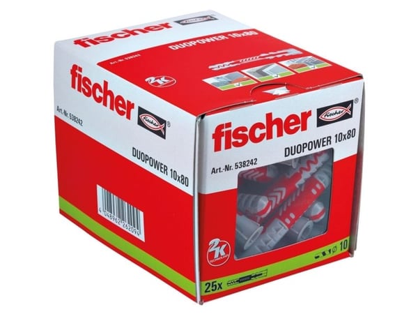 Fischer DuoPower 10 x 80, Ekspansjonsanker, Murstein, Betong, Foam concrete, Murverk, Gipsplater, Nylon, Grå, Rød, 1 cm, 80 mm