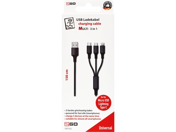 2GO 797153, 1,5 m, USB B, USB C/Micro-USB B/Lightning, Musta