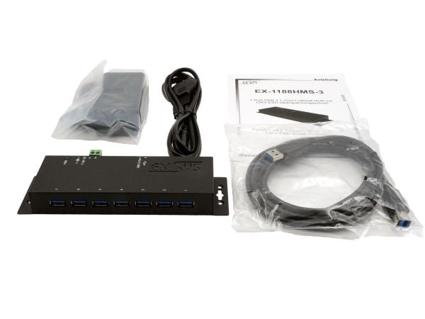EXSYS EX-1188HMS-3, USB 3.2 Gen 1 (3.1 Gen 1) Type-B, USB 3.2 Gen 1 (3.1 Gen 1) Type-A, 5000 Mbit/s, musta, virta, 12 V