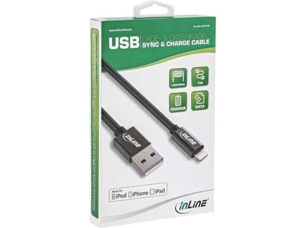 InLine 31422B, 2 m, Lightning, USB A, Hankjønn, Hankjønn, Svart