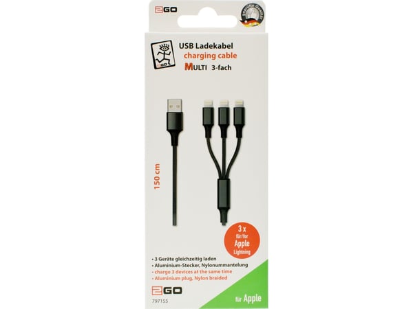 2GO 797155, 1,5 m, USB B, USB C/Micro-USB B/Lightning, Hanstik, Hanstik, Lajittelu