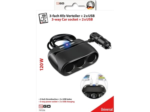 2GO 3-vägs bilfördelare + 2x USB