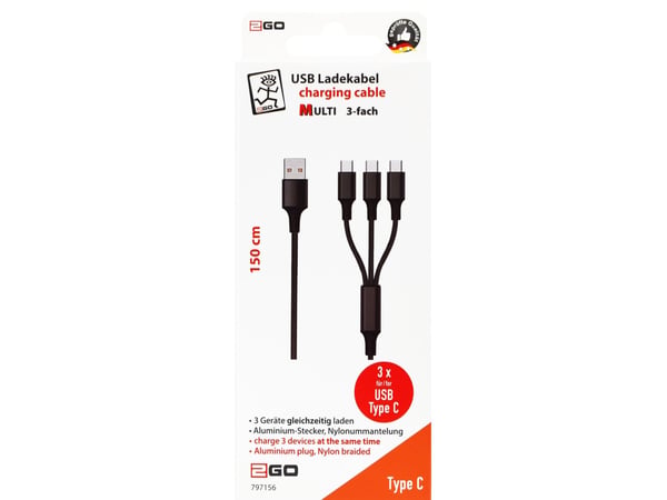 2GO 797156, 1,5 m, USB B, 3 x USB C, Sort