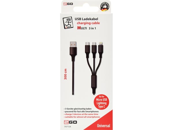 2GO 797154, 3 m, USB B, USB C/Micro-USB B/Lightning, Musta